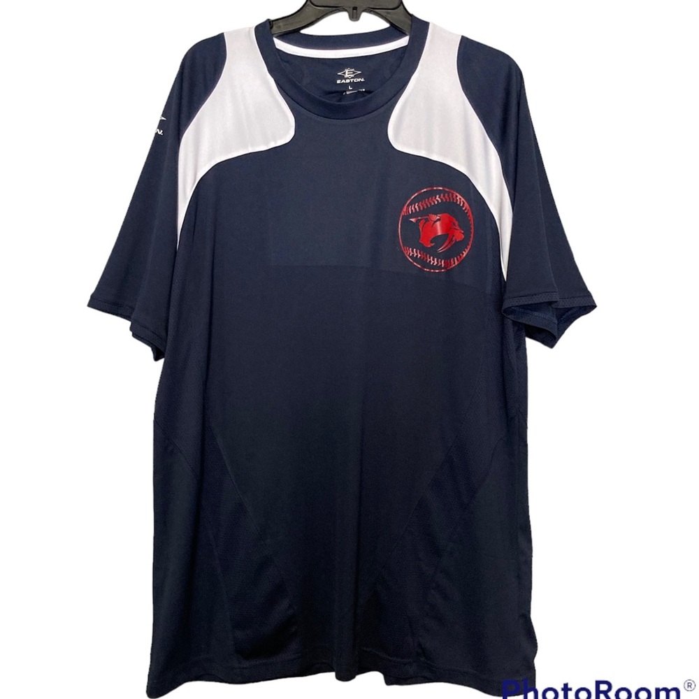 Easton Mens Bio Dri Blue Nylon Short Sleeve Pullover  Shirt Large Saber Logo